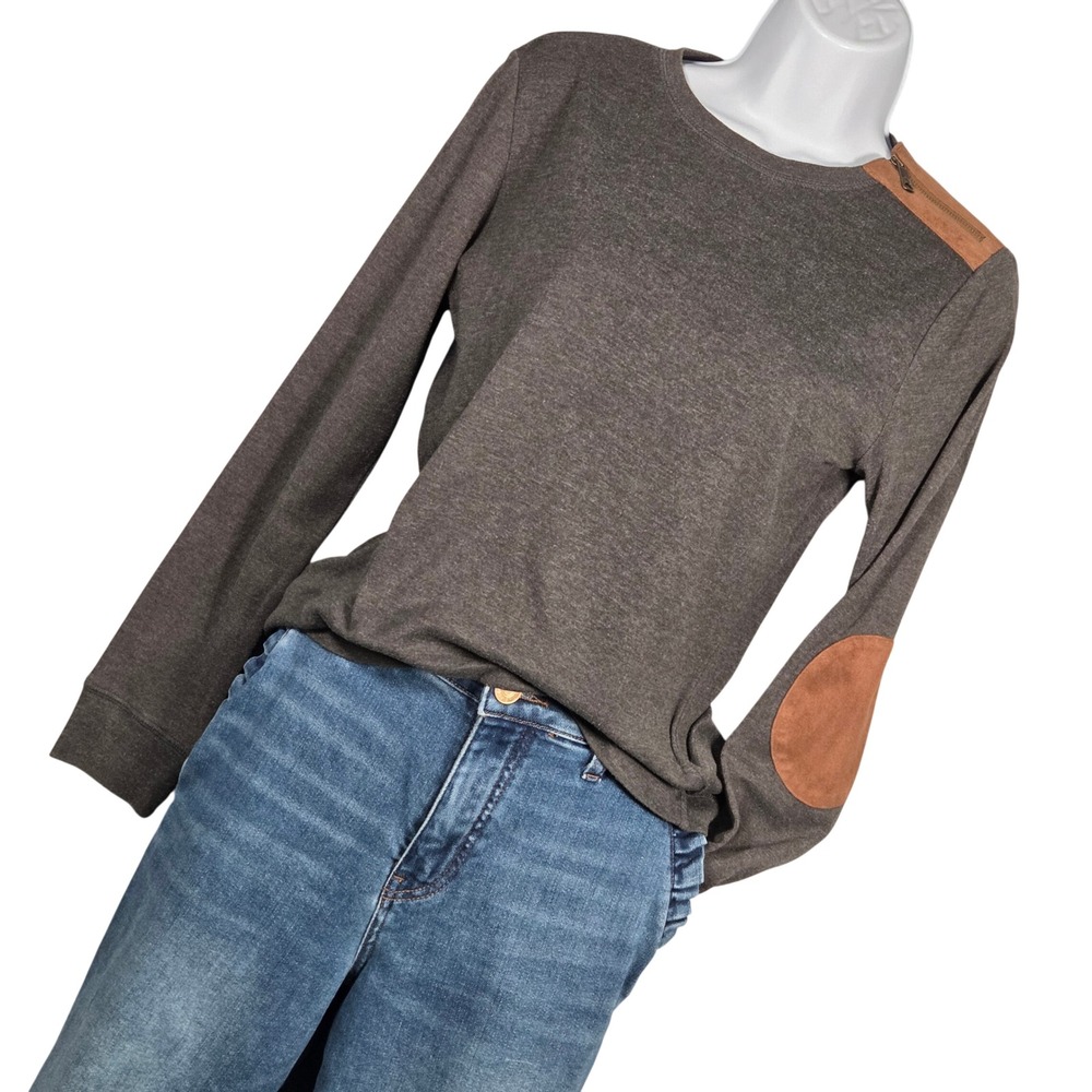 Lauren Ralph Lauren Vintage Long Sleeve Top Elbow Patch Women Medium Gray Zip